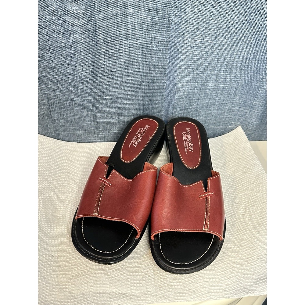 MontegoBay Club Women's Slip On Sandals Open Back Heels Red Leather Size 8